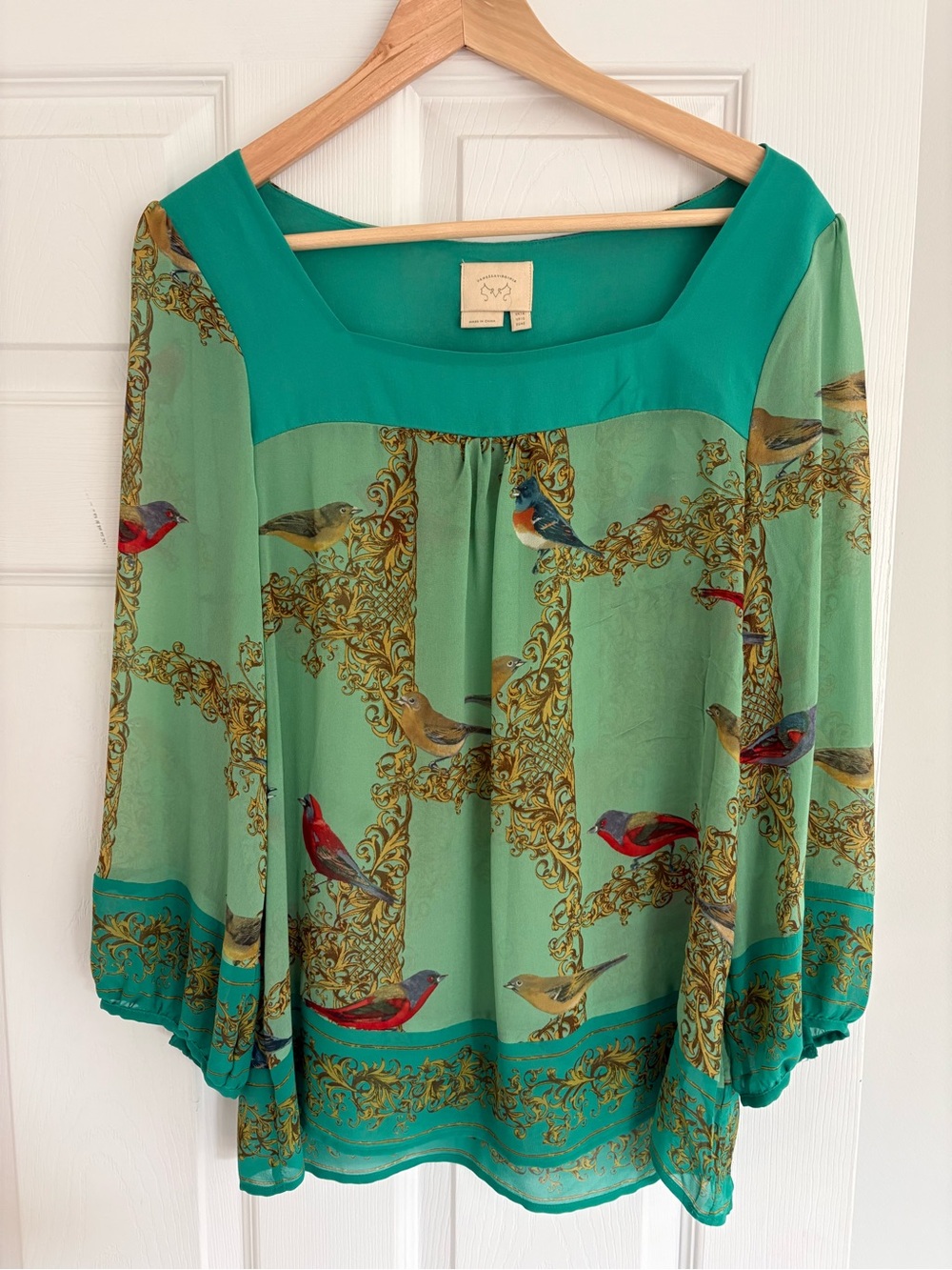 Anthroplogie Vanessa Virginia Warbler Post Silk Bird Peasant Blouse Size 10